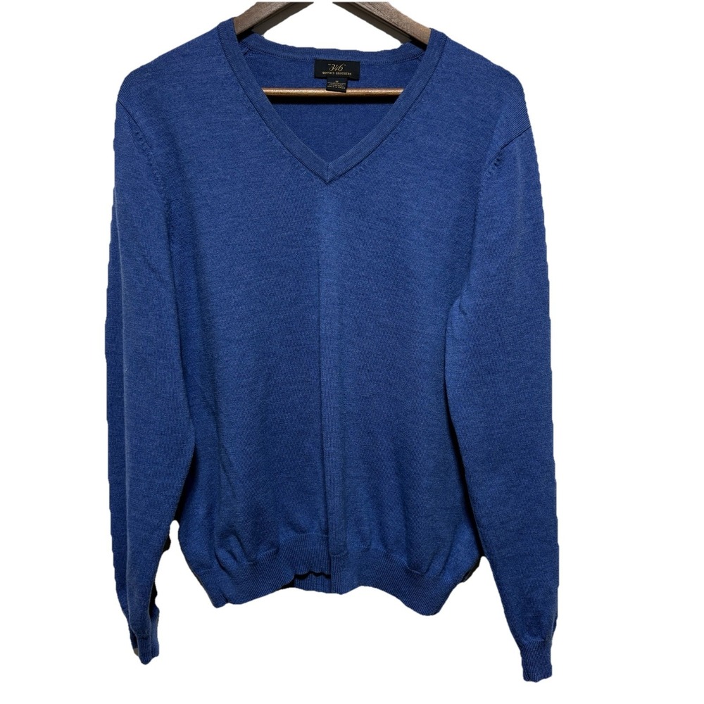 Brooks Brothers 346 Sweater Mens M Blue Merino Wool Blend V Neck Pullover Casual